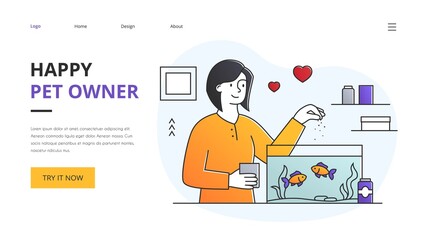 Website landing page design for a Happy Pet Owner showing a women feeding her goldfish in a tank, colored vector illustration. Website, web page, landing page template