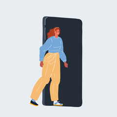 Vector illustration of a woman try came through dark doorway on white backround.