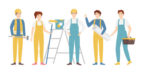 Cartoon Color Characters People Builders Group Concept. Vector