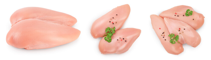 Fresh chicken fillet isolated on white background with full depth of field. Set or collection
