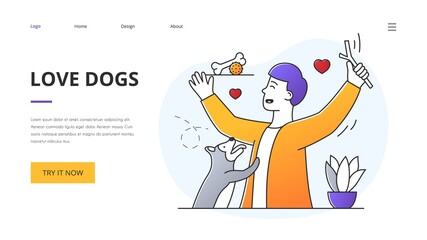 Website template design for Love Dogs with man and pet puppy jumping up playing fetch with a stick, colored vector illustration. Website, web page, landing page template