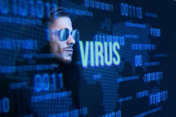 Beautiful stylish man on dark virtual reality background. Cryptocurrency, finance, future technology, innovative ideas concept. Futuristic holographic interface to display data.