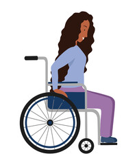 Young afro-american woman sitting in wheelchair isolated on white background. Happy girl with curly long hair and physical disability in flat cartoon style. Vector illustration.