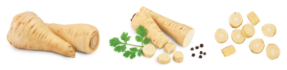 Parsnip root and slices with parsley isolated on white background closeup, Set or collection