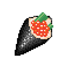 Pixel art sushi roll with red caviar. Pixelated Temaki roll. Japanese traditional food in pixel gaming retro style. Easy to use vector 8 bit icon of sushi roll.