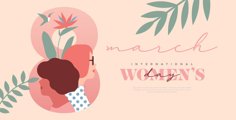 Women's day 8 march pink tropical leaf woman card