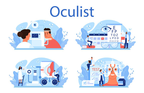 Oculist concept set. Idea of eye exam and treatment. Eyesight diagnosis