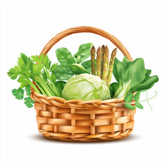 Basket with green spring vegetables and herbs isolated on white. Vector illustration.
