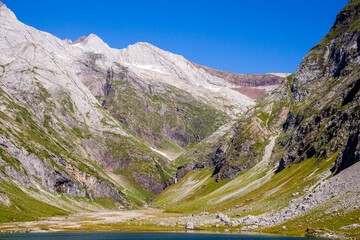 High snow-capped peaks and a glacier from a beautiful lake in a green meadow in summertime