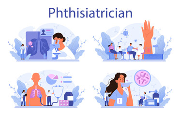 Phthisiatrician set. Human pulmonary system. Idea of health and medical