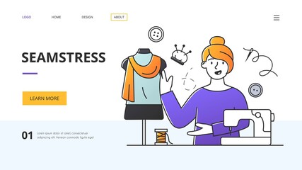 Website template for a seamstress or fashion designer showing her in a workshop designing and sewing clothes, colored vector illustration with copyspace