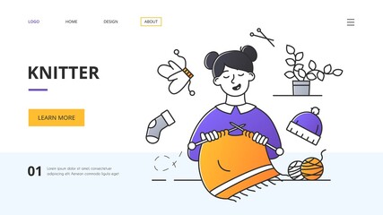 Small business, knitter or leisure and recreation concept with woman sitting knitting surrounded by clothing icons in a website template with text and copyspace, colored vector illustration