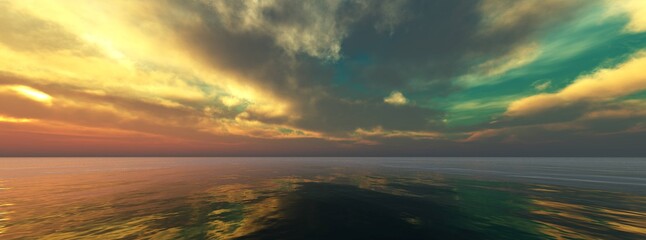 Seascape panorama, sea sunset panorama, sea and sun, 3D rendering