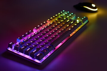 RGB gaming keyboard. Bright colorful keyboard with mouse, neon light. Mechanical keyboard with RGB light
