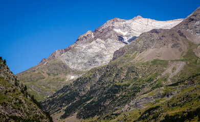 Green valley with mountains in the background under a blue sky