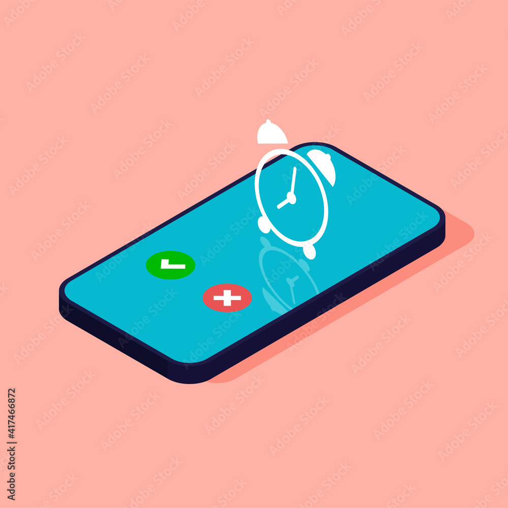 Poster phone with app alarm clock on the screen. vibrating isometric smartphone isolated on pink background