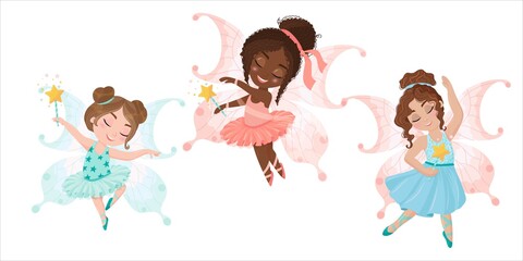 set of three girls fairies. Cute little fairies. Ballerinas in costumes of fairies with wings. A magical creature. Vector illustration isolated on white background.