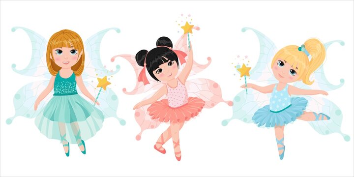 set of three girls fairies. Cute little fairies. Ballerinas in costumes of fairies with wings. A magical creature. Vector illustration isolated on white background.