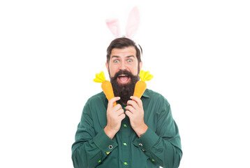 Funny bunny. eastertime. happy holidays. happy guy with carrot. happy easter holiday.