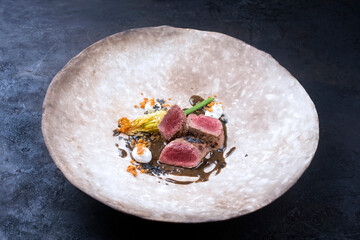 Modern style traditional wild hare back filet braised with fiori di zucchini fritti in game jus...