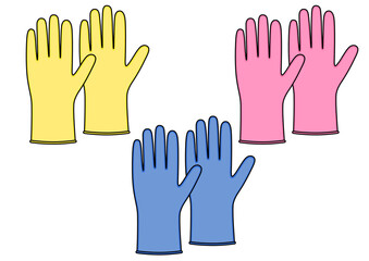 Obraz premium Set of rubber gloves for cleaning, yellow, pink, blue colors.