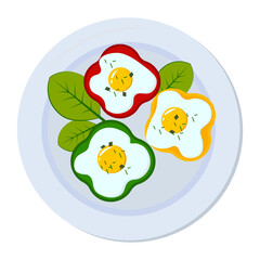 Fried eggs with tomatoes and herbs. Breakfast scrambled eggs with vegetables vector illustration.