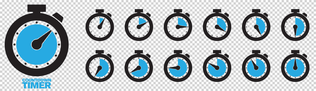 Timer, clock, stopwatch isolated set icons with different time. Countdown timer symbol icon set. Sport clock with red colored time meaning. Label cooking symbols. Stopwatch collection