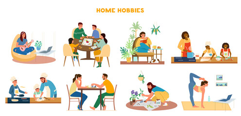 Vector Set Of Home Hobbies Illustrations. Leisure Activities At Home Playing Ukulele, Boardgames, Reading, Cooking, Playing Chess, Gardening, Doing Yoga.