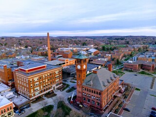 Aerial view of University of Wisconsin stout college campus buildings green area and walking paths