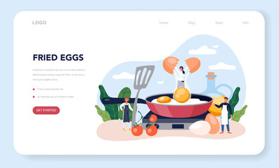 Tasty fried eggs for breakfast web banner or landing page. Scrambled egg