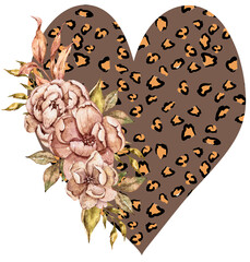 Illustration of hand drawn floral 
 leopard print heart isolated on white background. Perfect for print, sublimation, banner, poster, wedding, fashion, card, typography. Black lives matter