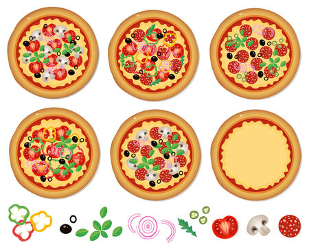 Cheese pizza with tomatoes, salami, olives, mushrooms, arugula and spices isolated on a white background. Vector illustration set for kids.