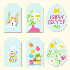 Easter tags set. Cute colorful labels for spring holiday gifts. Easter bunny, egg basket, flowers, candies, lettering. 