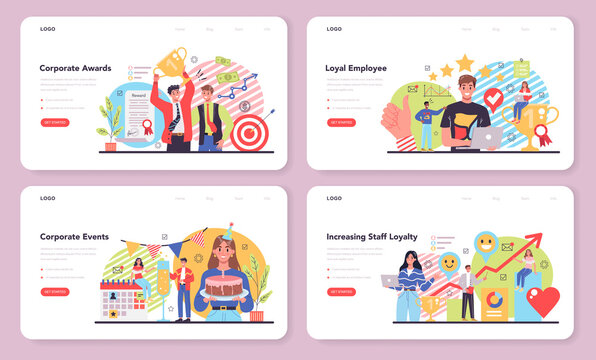 Employee loyalty web banner or landing page set. Corporate culture