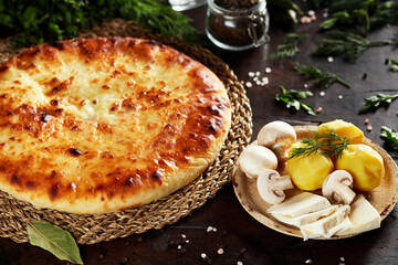 National Caucasian dish - Ossetian pies with cheese, potatoes, herbs, cottage cheese, beef, mushrooms