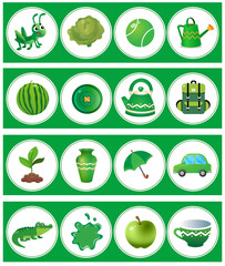 Green color. Matching game, education game for children. Puzzle for kids. Match by color. Worksheet for preschoolers.