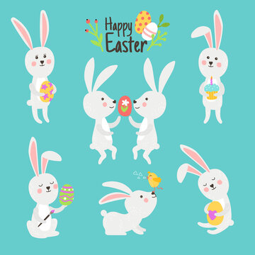 Happy easter bunnies with eggs. Cartoon cute rabbits celebrate day of spring, vector illustration of decoration elements of fun holiday isolated on cyan background