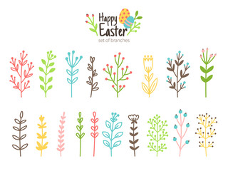 Fototapeta na wymiar Blooming easter branches. Cartoon beautiful symbols of nature, vector illustration of romantic decoration elements for celebration spring holiday isolated on white background