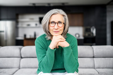 Senior mature gray-haired female freelancer grandparent portrait, businesswoman with hands on chin...