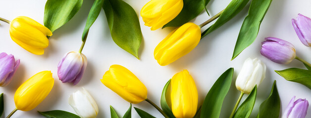 Easter floral background, various eggs end egg shell and tulips
