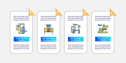 Airport new normal vector infographics. Safe flight rules template design elements. Health care presentation with 4 steps. Protection against covid19 layout, info chart, banner