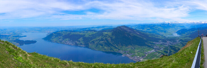 Fototapeta na wymiar view of the swiss mountain Rigi into the Swiss nature, Mountain cross, lakes, view, landscape, valley