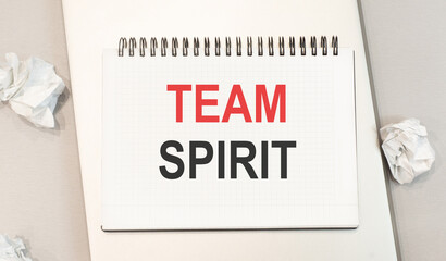 The word team spirit is written in a notebook that sits on a gray desktop along with a laptop. Accounting workplace