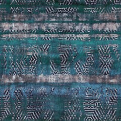 Seamless grungy tribal ethnic rug motif pattern. High quality illustration. Distressed old looking native style design in faded turquoise and gray colors. Old artisan textile seamless pattern.