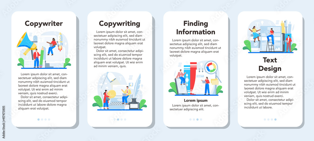 Poster copywriter mobile application banner set. writing and designing texts