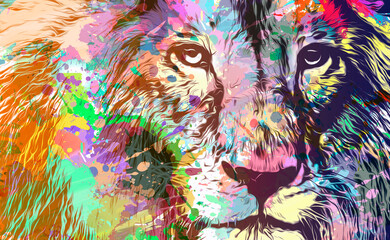 lion head with creative abstract elements on dark background - obrazy, fototapety, plakaty