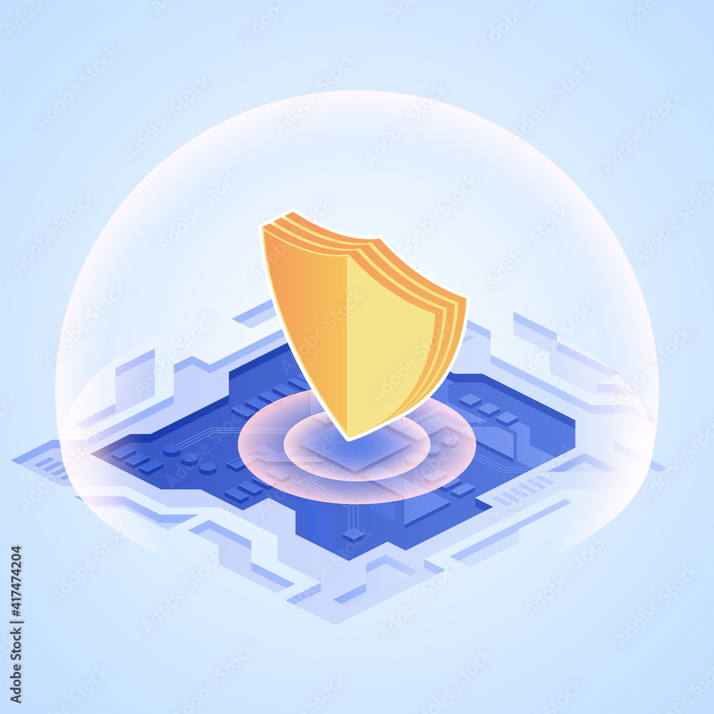 Poster digital protection concept. guard shield on microchip or circuit in isometric design