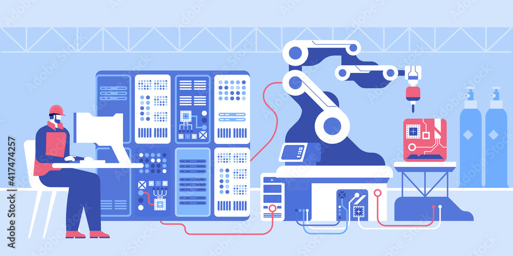 Poster mechanical robot arm mechanism creates microchips, engineer controls process