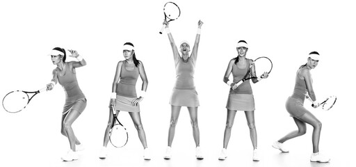 Tennis player with racket. Woman athlete isolated on white background. Tennis set with five players.