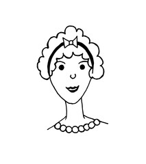A linear flat portrait of a young woman with curly hair in a doodle style. Vector contour illustration isolated on a white background.